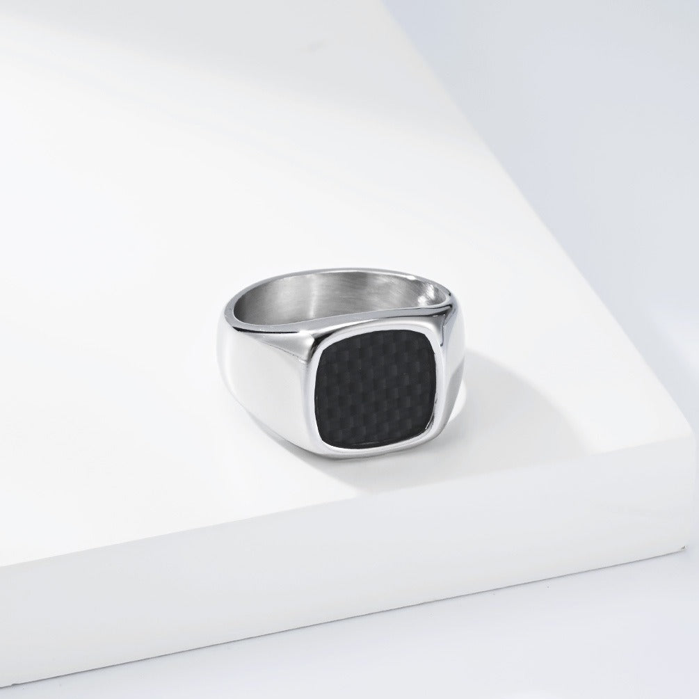 Kemstone Carbon Fiber Signet Stainless Steel Square Face Minimalist for Men K-R1135