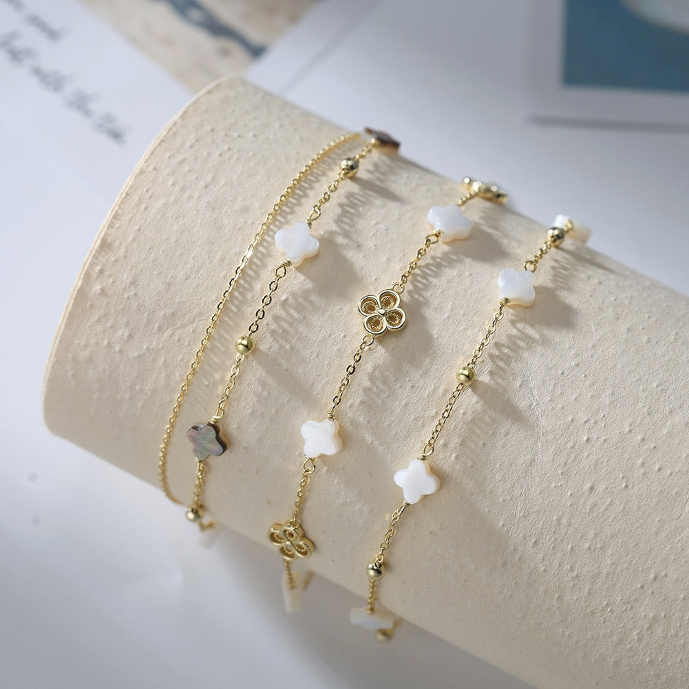 Kemstone 925 Sterling Silver Clover Anklet for Women Layered Shell Chain Gold Silver GMA02