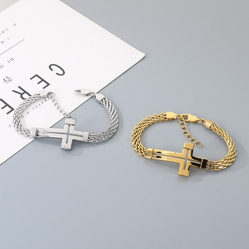 Kemstone Titanium Steel Hollow Curved Cross Bracelet for Men Adjustable Double Chain Gold Silver Black KB212800-KFC