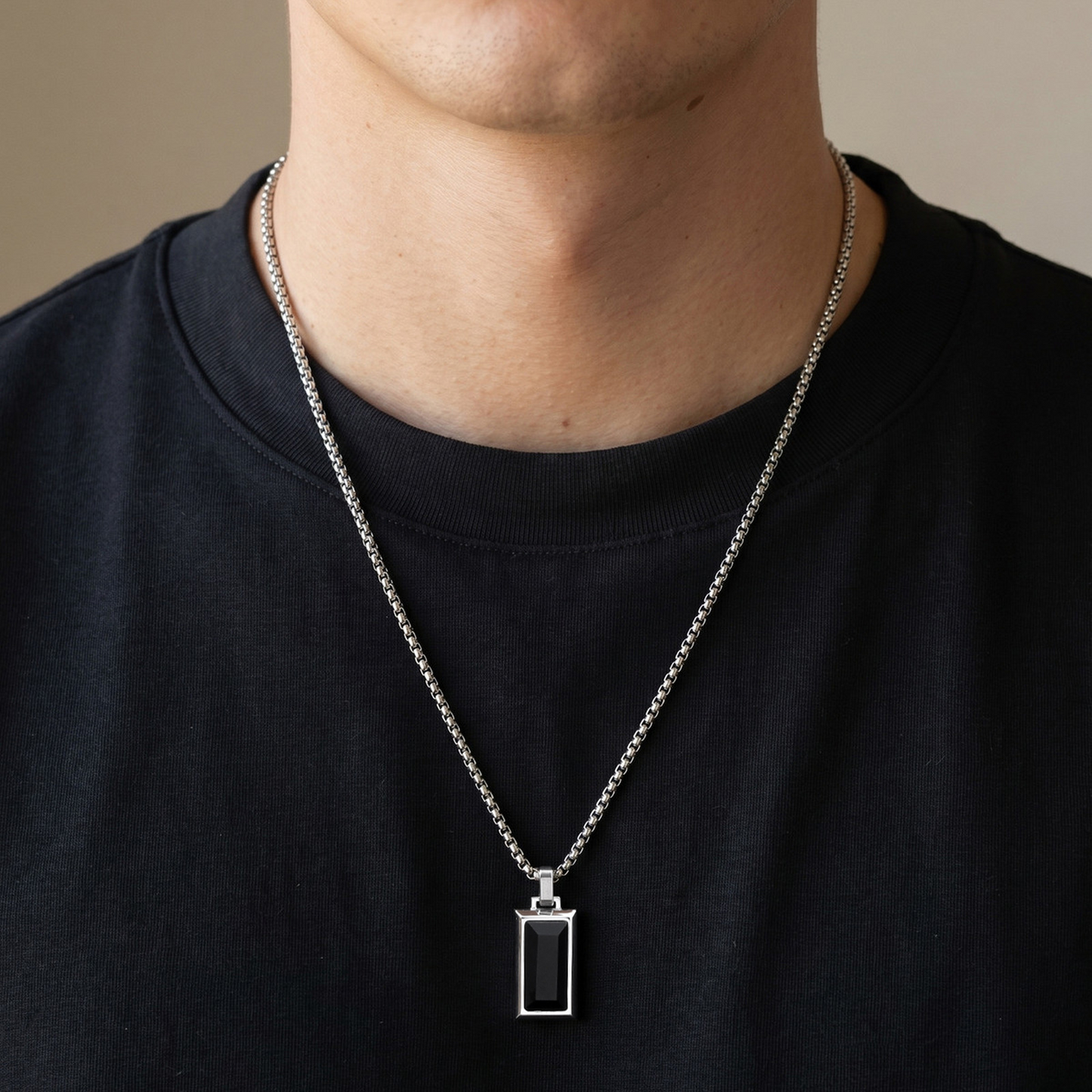 Kemston Rectangular Black Agate Pendant Necklace for Men Stainless Steel Vintage PN2379