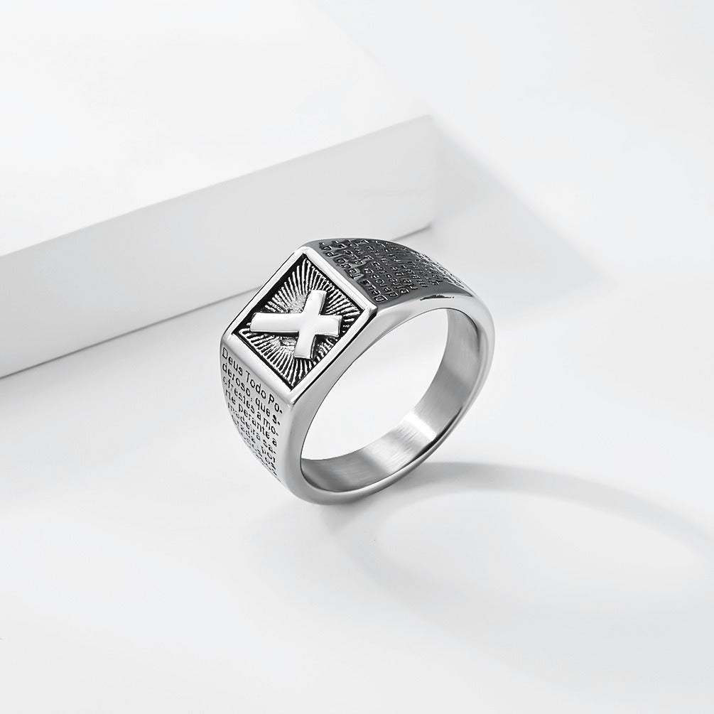 Kemstone Stainless Steel Cross Signet Ring for Men Engraved Text Vintage Rectangular Silver Gold Black K-R1141
