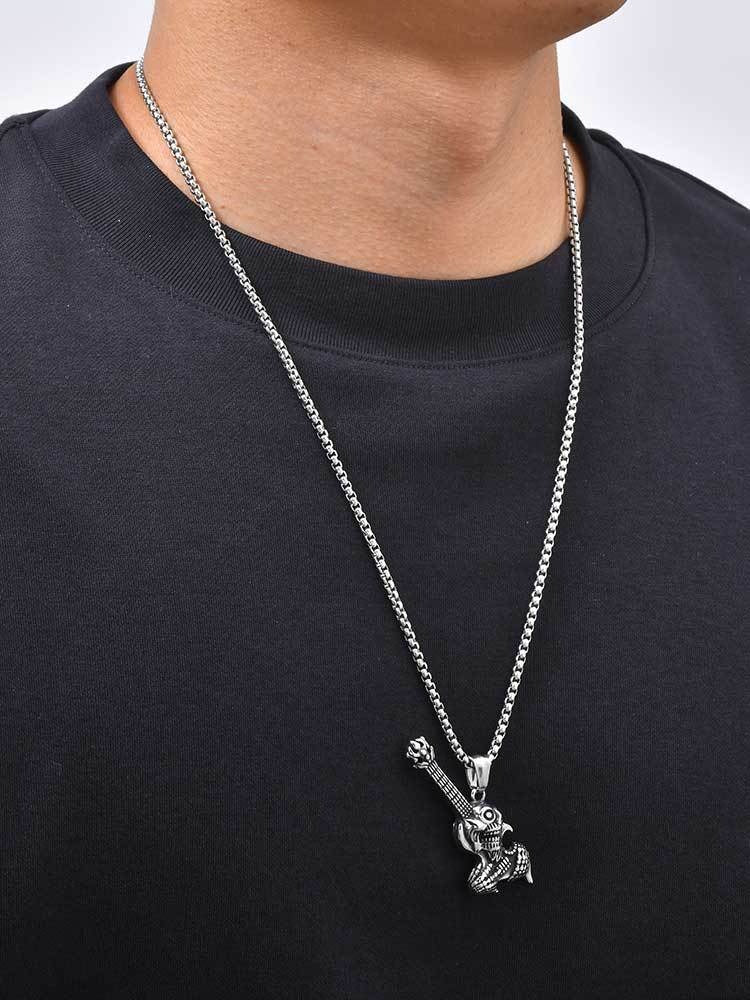Kemston Skull Guitar Pendant Necklace for Men Stainless Steel Rock Style PN-2461