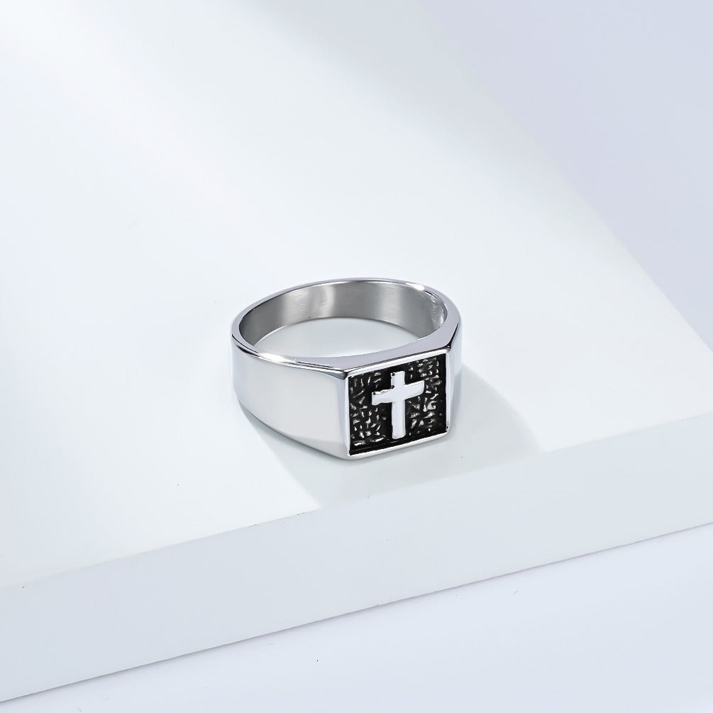 Kemstone Men’s Titanium Steel Cross Signet Ring – Silver, Gold, Black K-R1047
