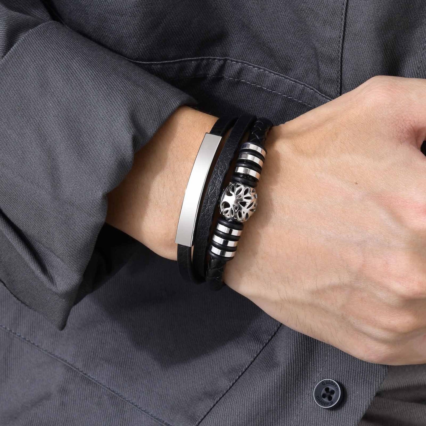 Kemstone Men’s Layered Microfiber Leather Bracelet – Stainless Steel Tree of Life Plate BL-650