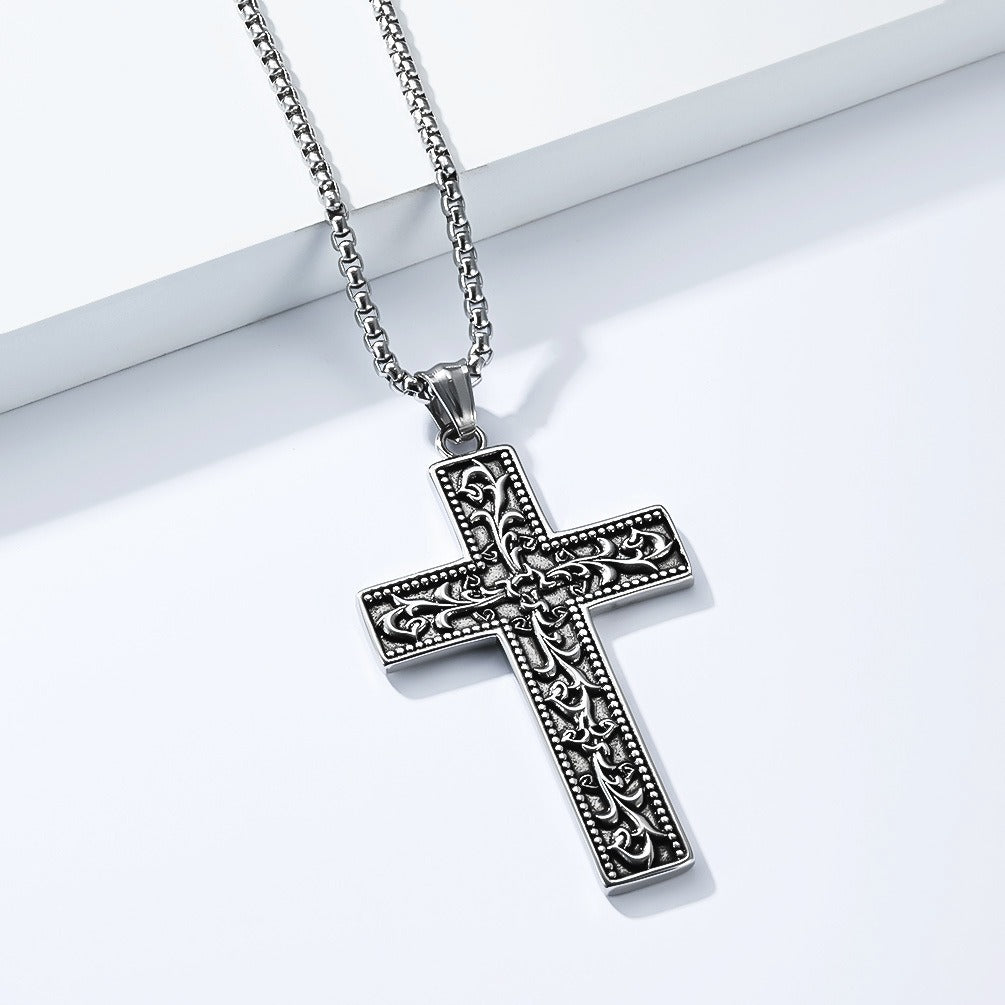 Kemstone Vintage Floral Engraved Cross Stainless Steel Pendant Necklace for Men K-PT703