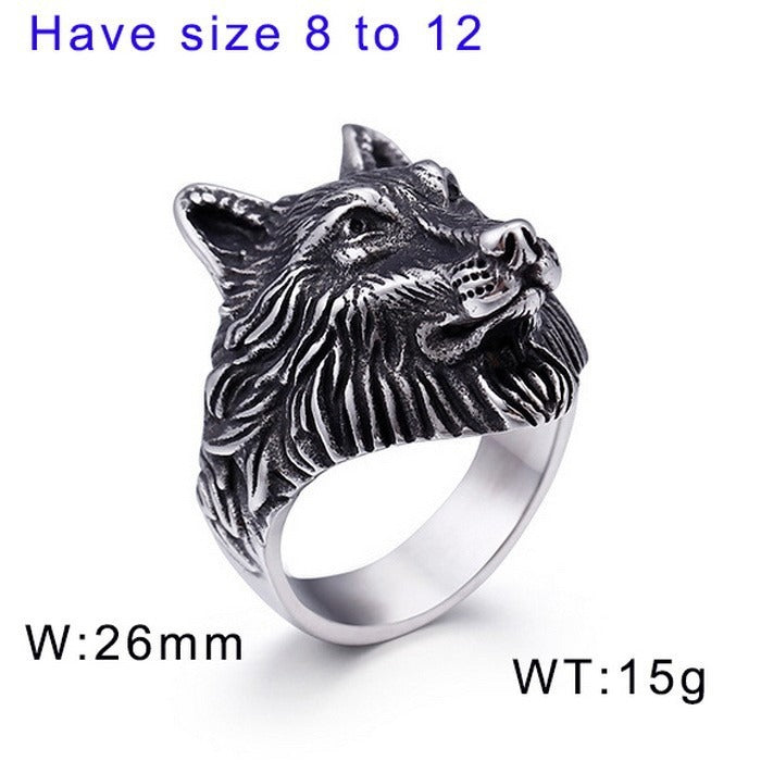 Kemstone Vintage Viking Wolf Head Titanium Steel Ring & Double Wolf Head Chain Bracelet Set - Punk Celtic Knot Adventure Jewelry for Men 	KR48275