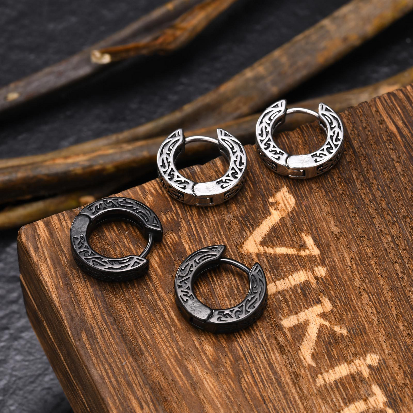 Kemstone Stainless Steel Engraved Hoop Earrings – Vintage Huggie Jewelry for Men, Gold/Silver/Black EH-699