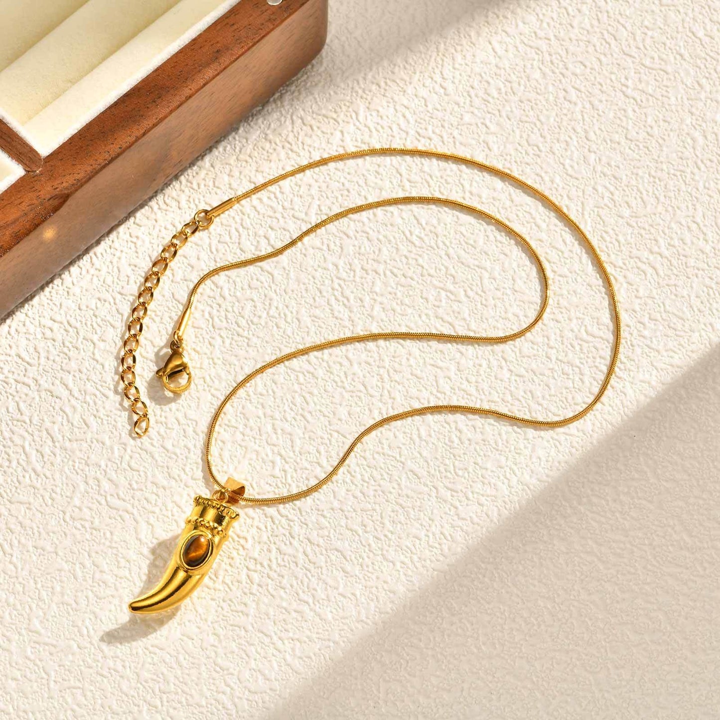 Kemstone Stainless Steel Hamsa Hand Tiger Eye Horn Pendant Necklace – Layered Design for Men & Women PN-2332