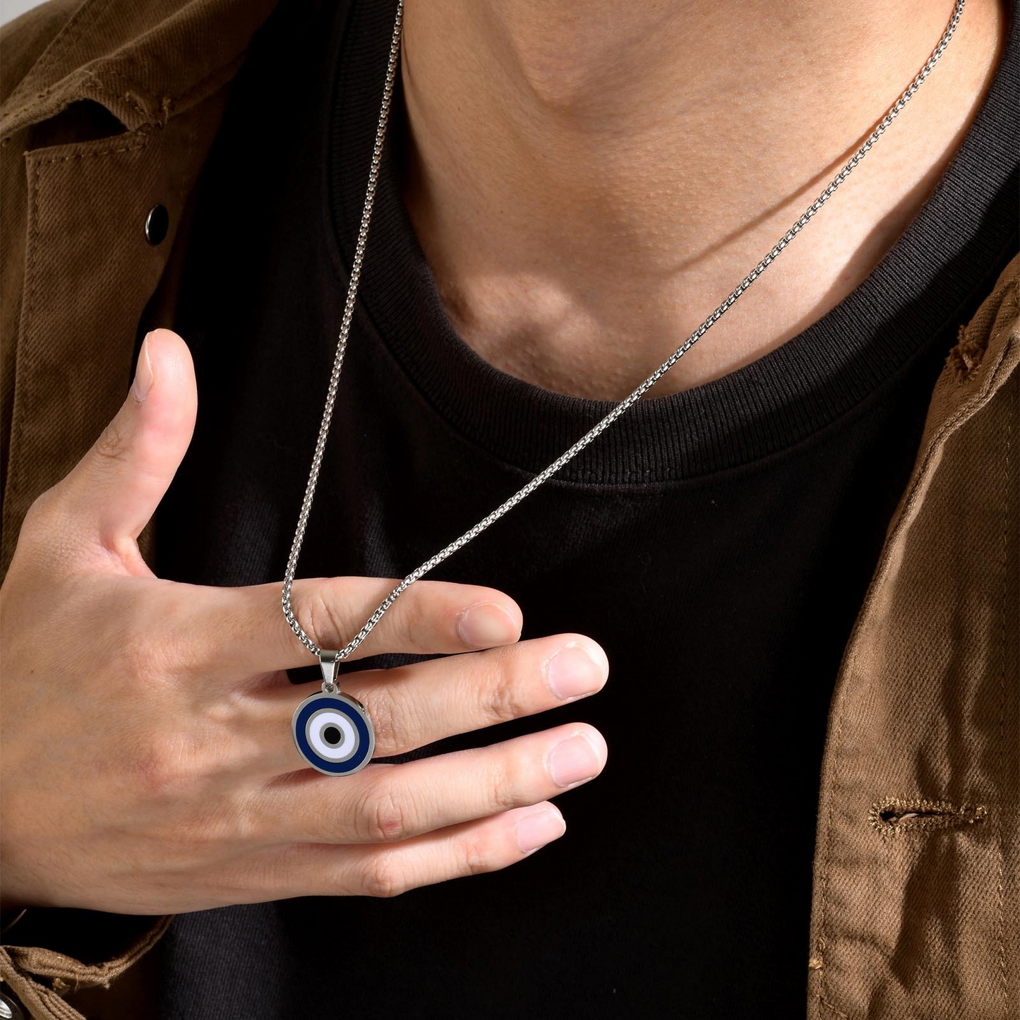 Kemstone Blue Eye Pendant Necklace for Men Stainless Steel Enamel Detail PN-1820