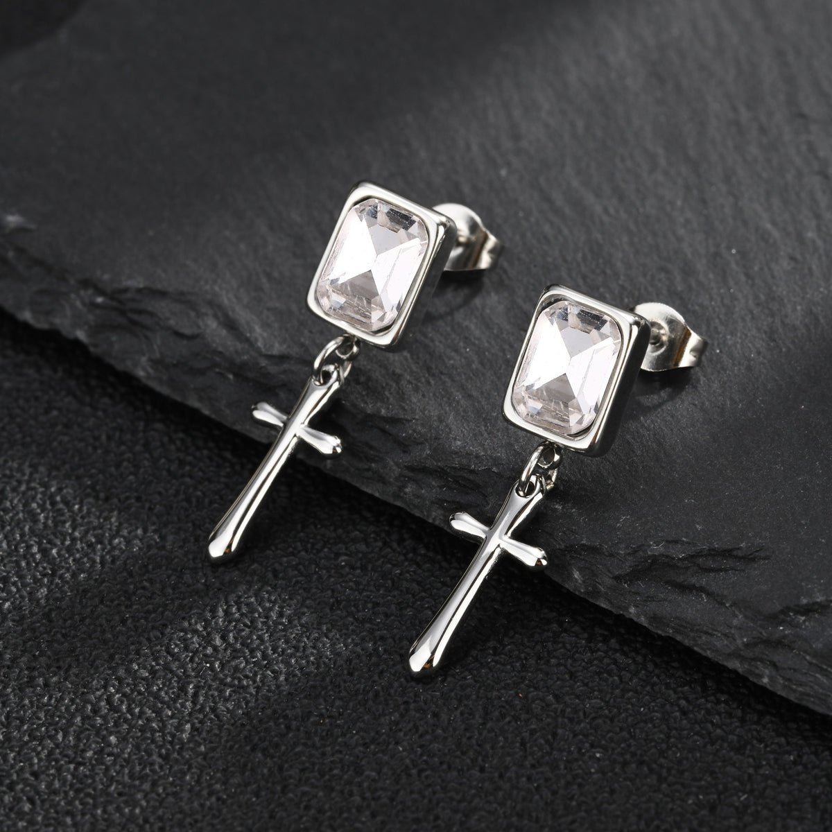 Kemstone Blue Crystal Cross Earring for Men Stainless Steel ED-1148
