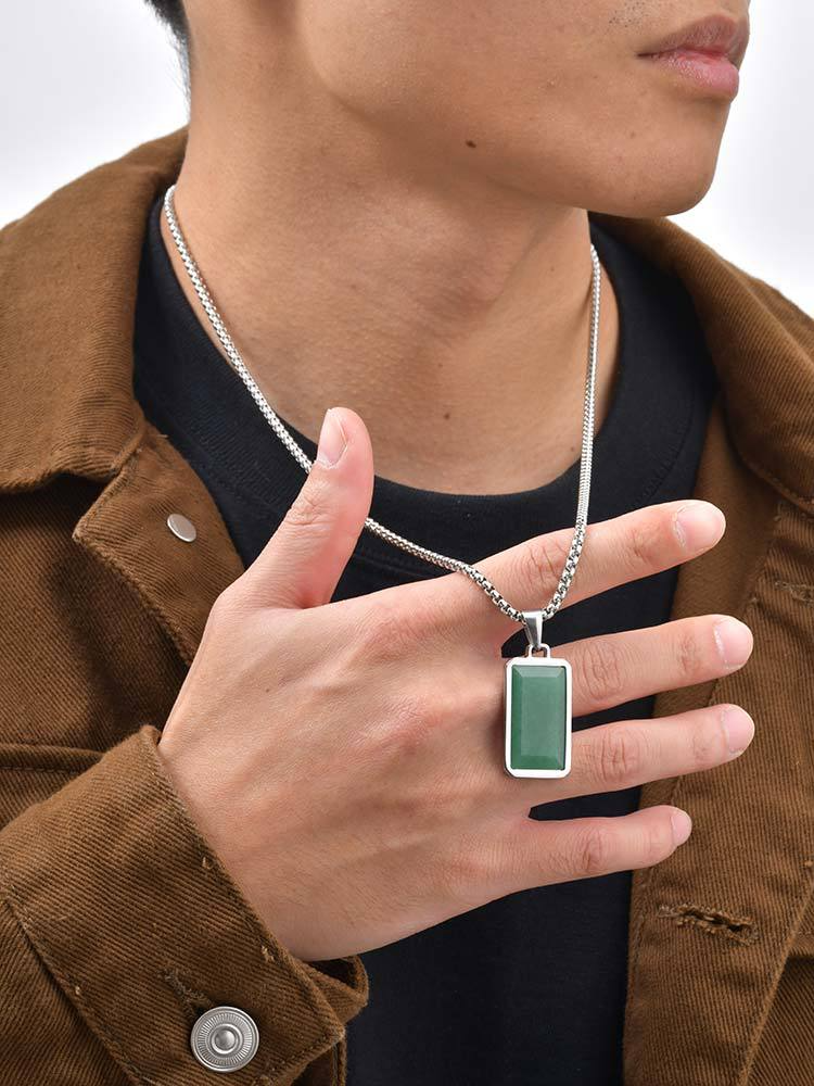 Kemstone Green Stone Pendant Necklace Stainless Steel Rectangular Minimalist Necklace for Men PN-2259