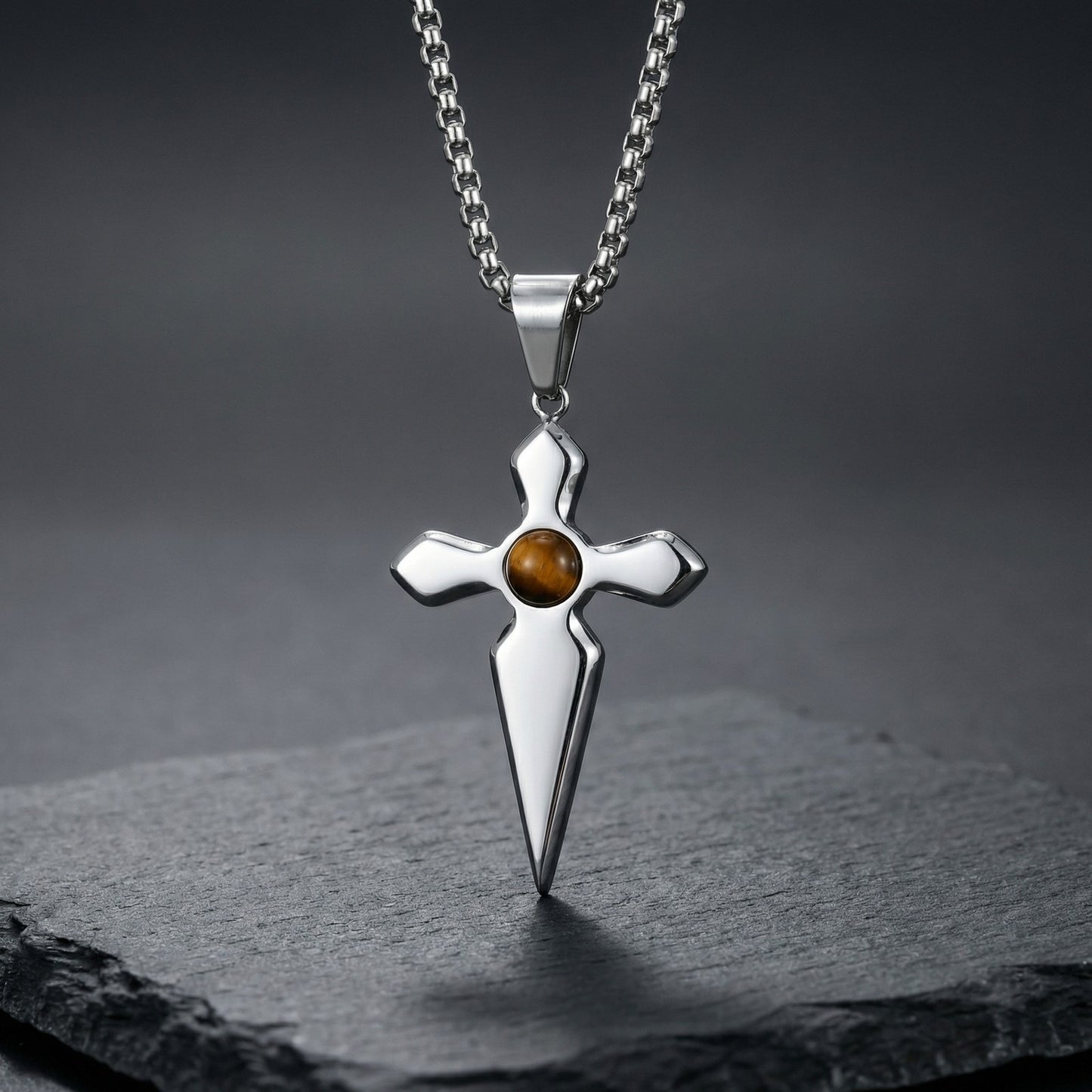 Kemstone Stainless Steel Tiger Eye Cross Pendant Necklace for Men PN-2287