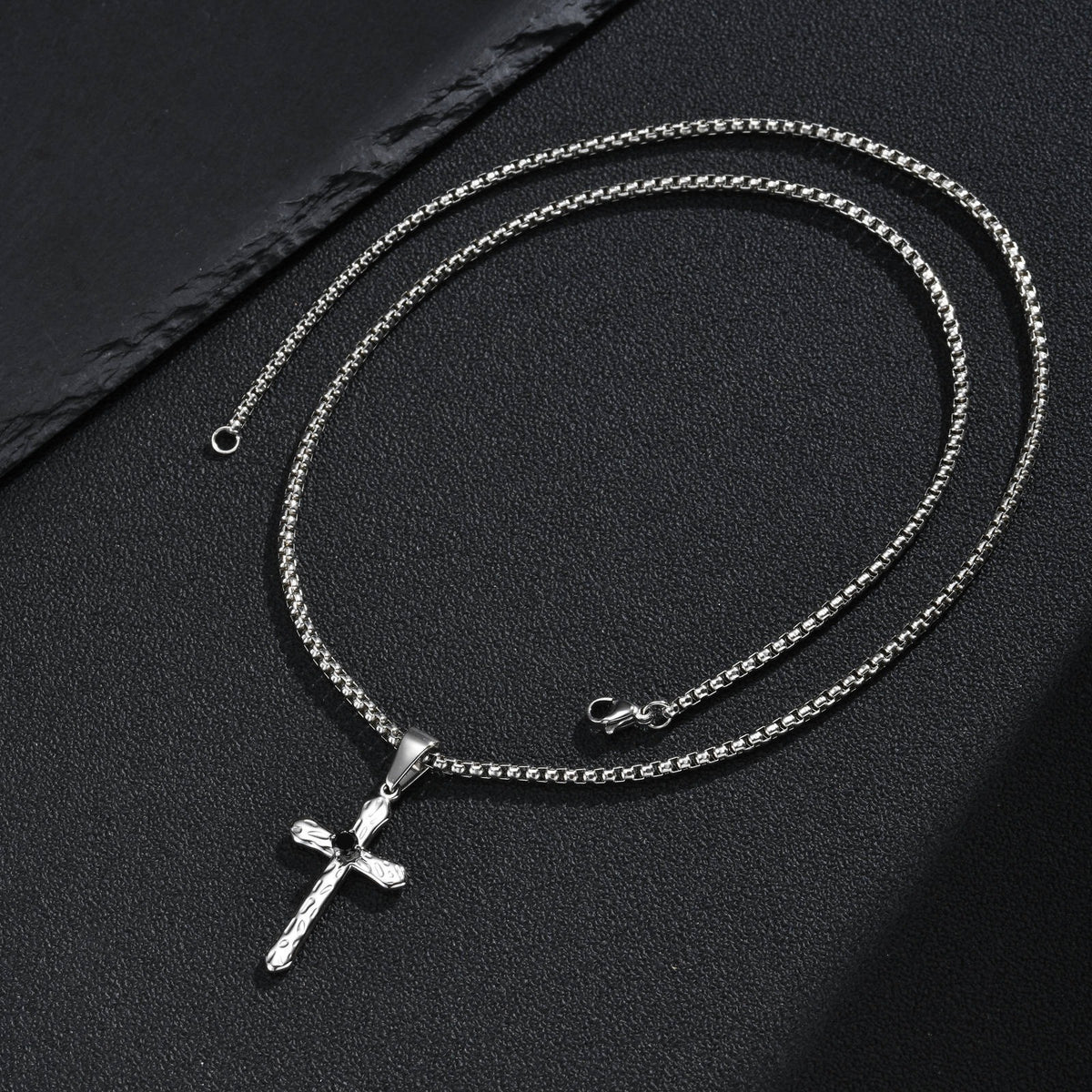 Kemstone Stainless Steel Hammered Cross Necklace for Men Cubic Zirconia Center PN-247