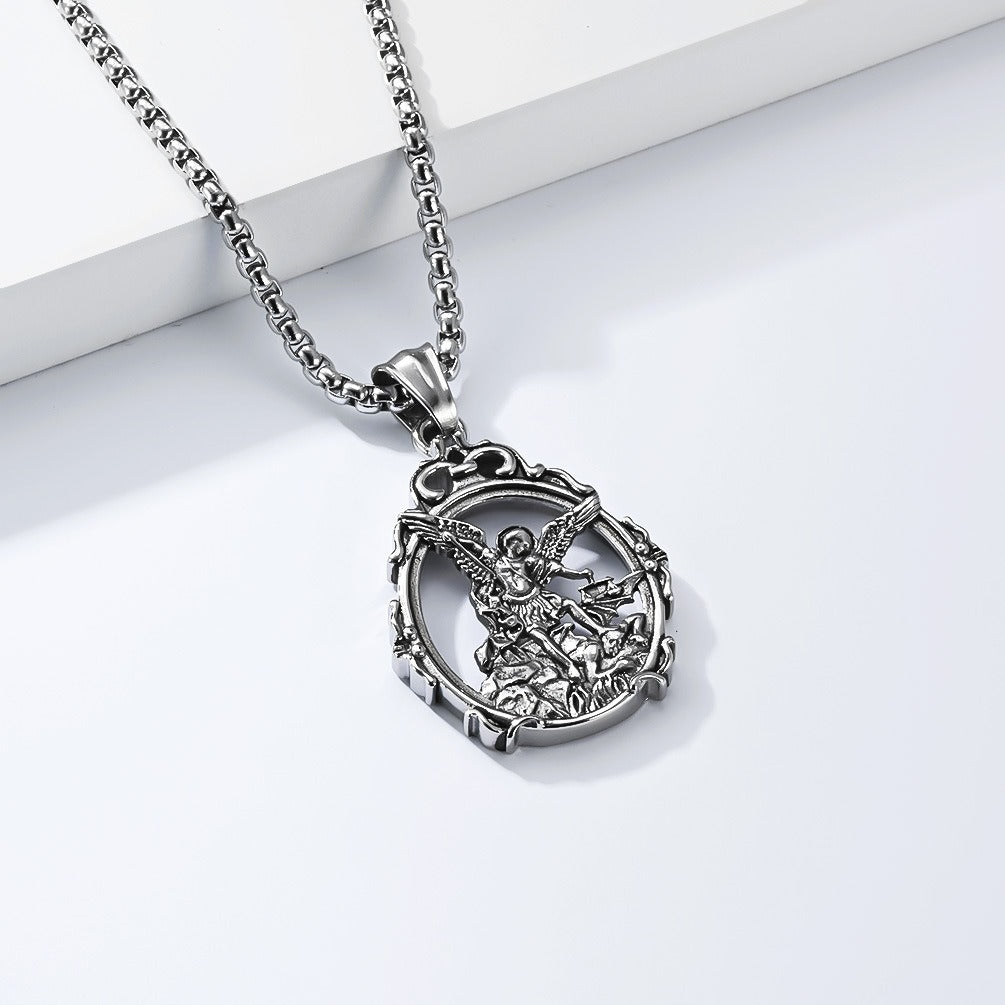 Kemstone Stainless Steel Angel Pendant Necklace for Men Vintage Relief Archangel Medallion Oval Silver Gold Black K-PT711