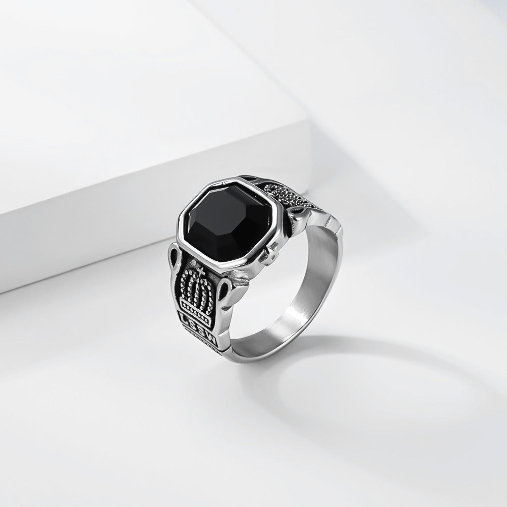 Kemstone Black Stone Signet Ring for Men Stainless Steel Crown Detail Vintage Silver Gold K-R1144
