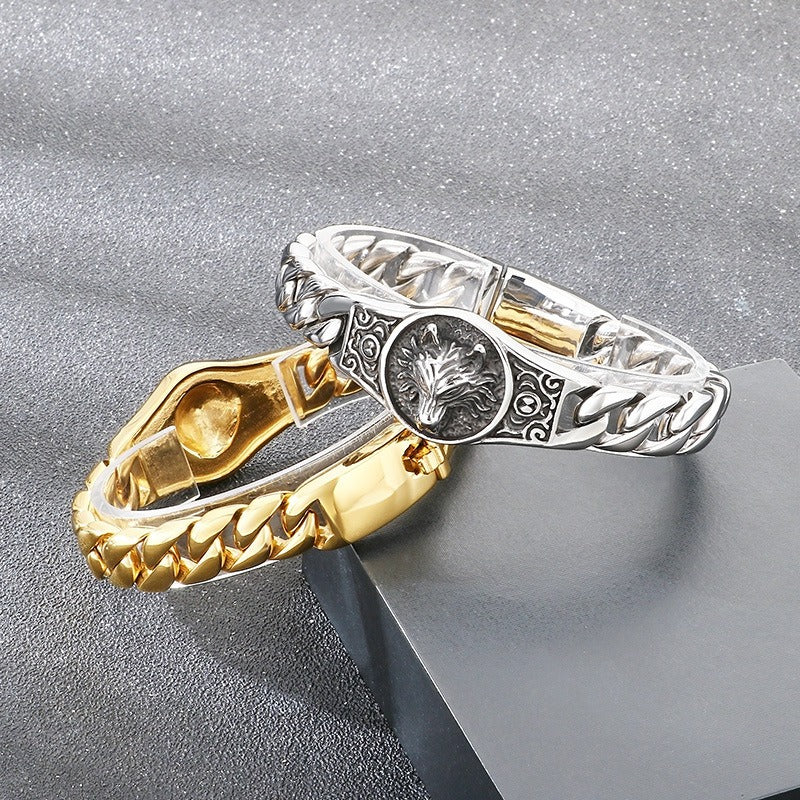 Kemstone Men’s Wolf Head Bracelet – Titanium Steel Cuban Chain 220mm KB205184-KJX