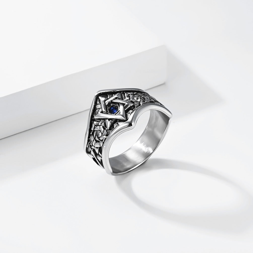 Kemstone Stainless Steel Hexagram Signet Ring for Men Cubic Zirconia Silver Gold Black K-R1152