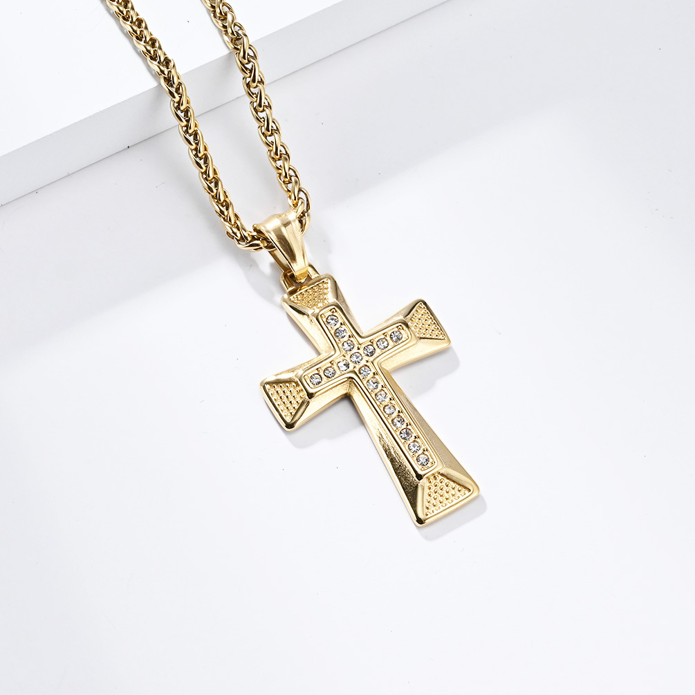 Kemstone Geometric Cross Pendant Necklace for Men Stainless Steel Stone Detail K-PT506