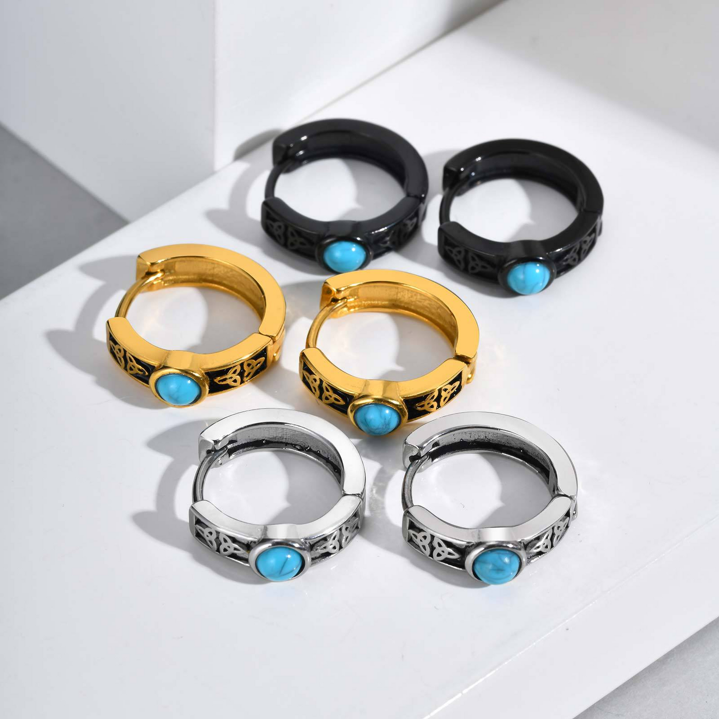 Kemstone Men’s Stainless Steel Turquoise Hoop Earrings Celtic Knot  EH-748