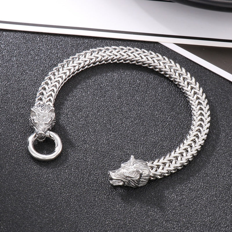 Kemstone Double Wolf Head Bracelet – Titanium Steel Braided Chain Hip Hop Style for Men KB151774-KFC