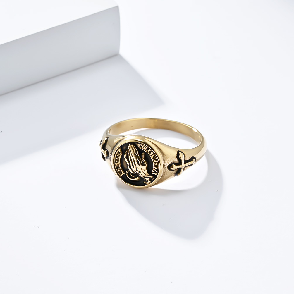 Kemstone Praying Hands Cross Signet Ring in Stainless Steel for Men,Silver Gold Black – K-R831