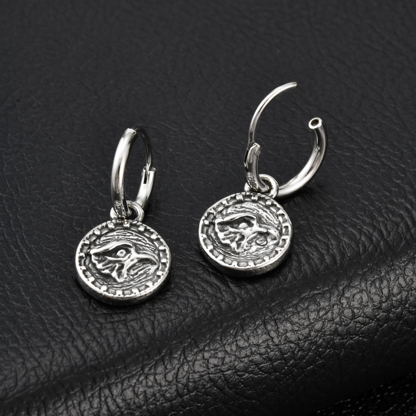 Kemstone Stainless Steel Tiger Coin Dangle Hoop Earring for Men Vintage ED-1085