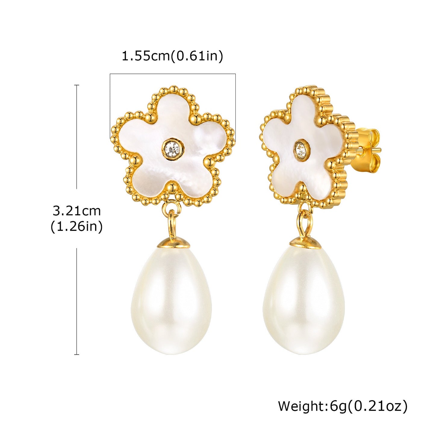 Orecchini Kemstone in acciaio inossidabile con catena floreale in zirconia e gocce di perle finte – Eleganza dorata per lo scintillio quotidiano ED-782