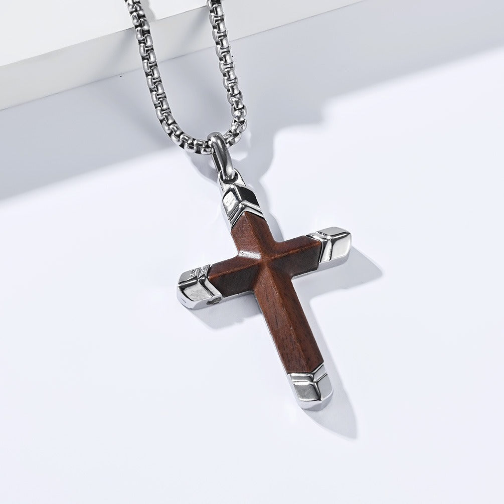 Kemstone Wood Cross Necklace for Men Stainless Steel Metal Accent Pendant K-PT736