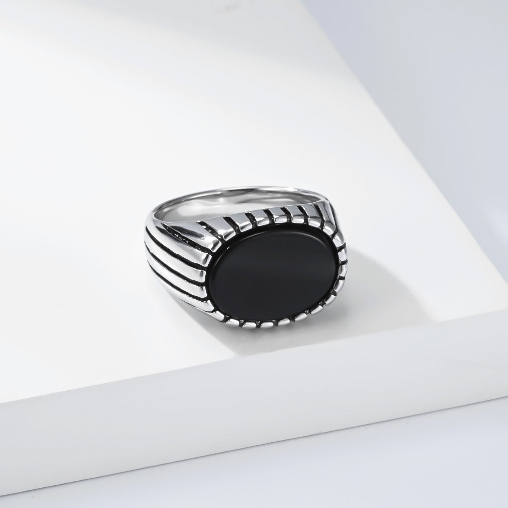Kemstone Stainless Steel Black Stone Signet Ring for Men Vintage Oval K-R1177