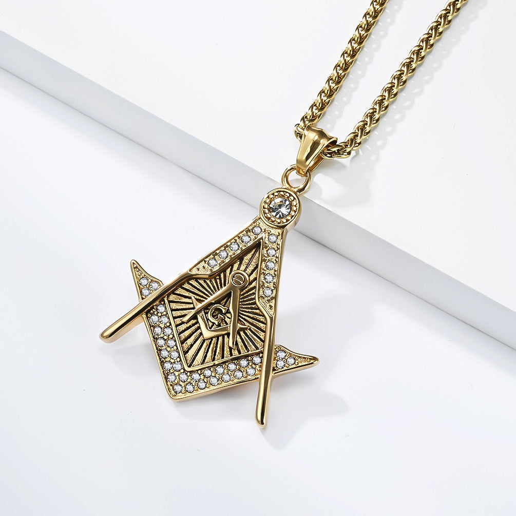 Kemstone Geometric Compass Pendant Necklace for Men Stainless Steel Stone Detail K-PT717