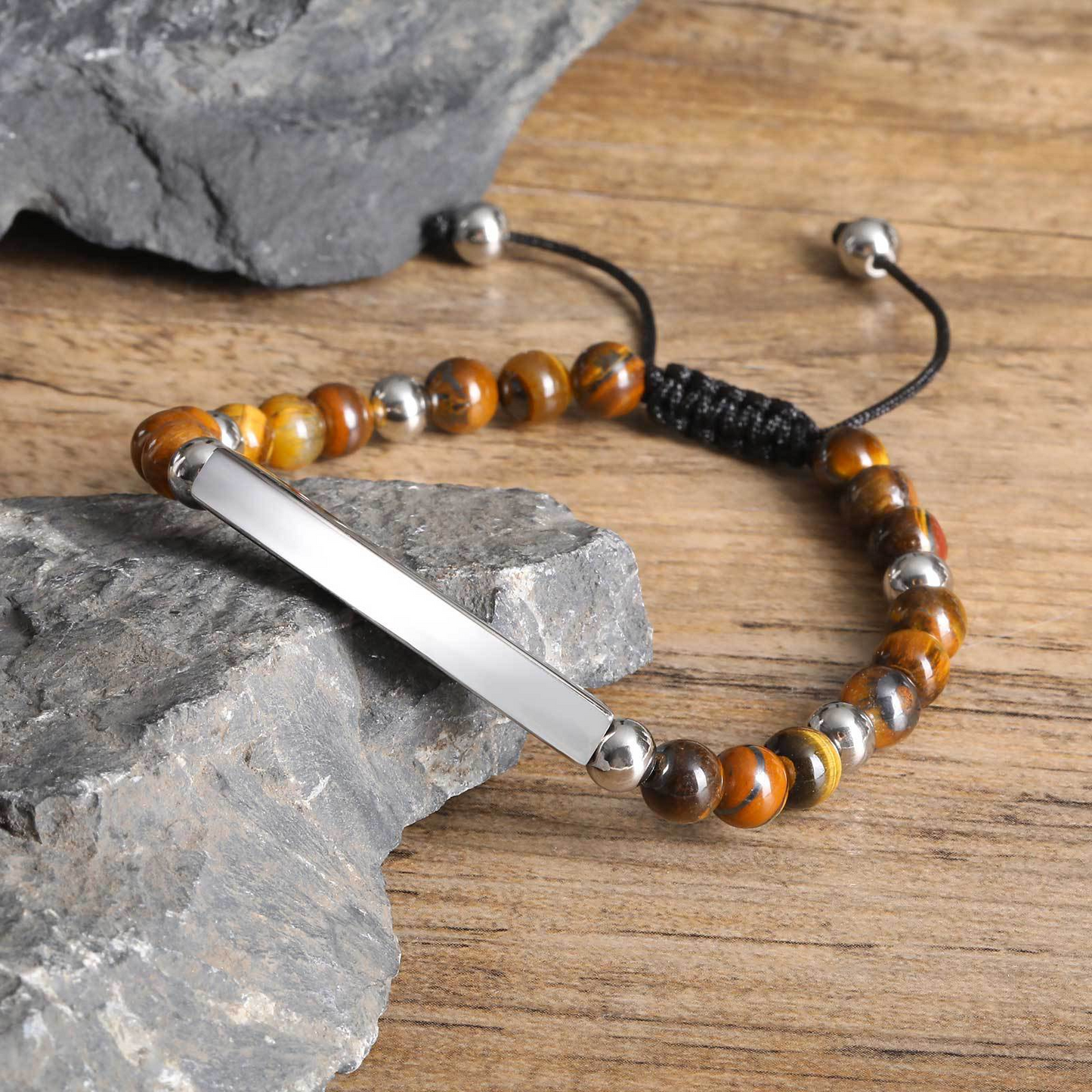 Kemstone Stainless Steel Bar Beaded Bracelet for Men – Tiger Eye & Black Onyx BR-2353