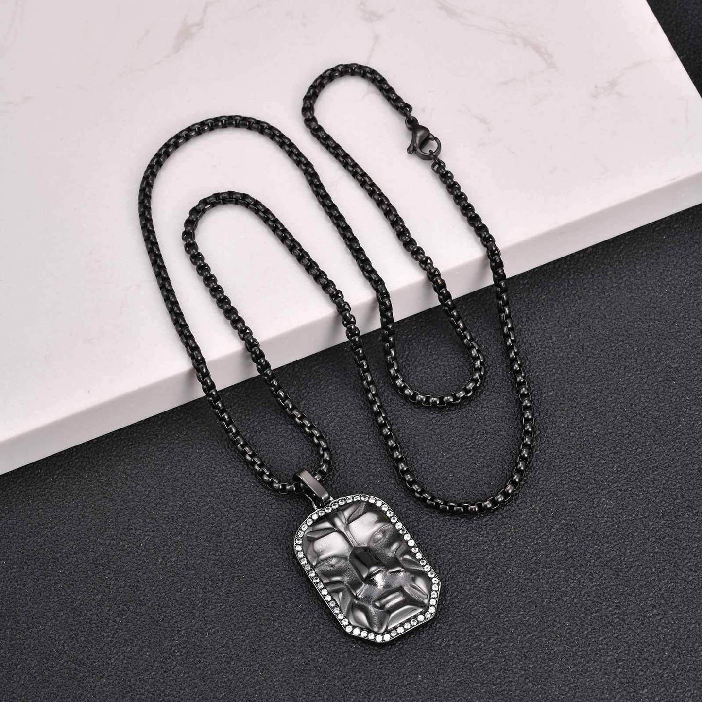 Kemston Face Pendant Necklace for Men Black Cubic Zirconia Leopard Stainless Steel Wild Identity PN-2350