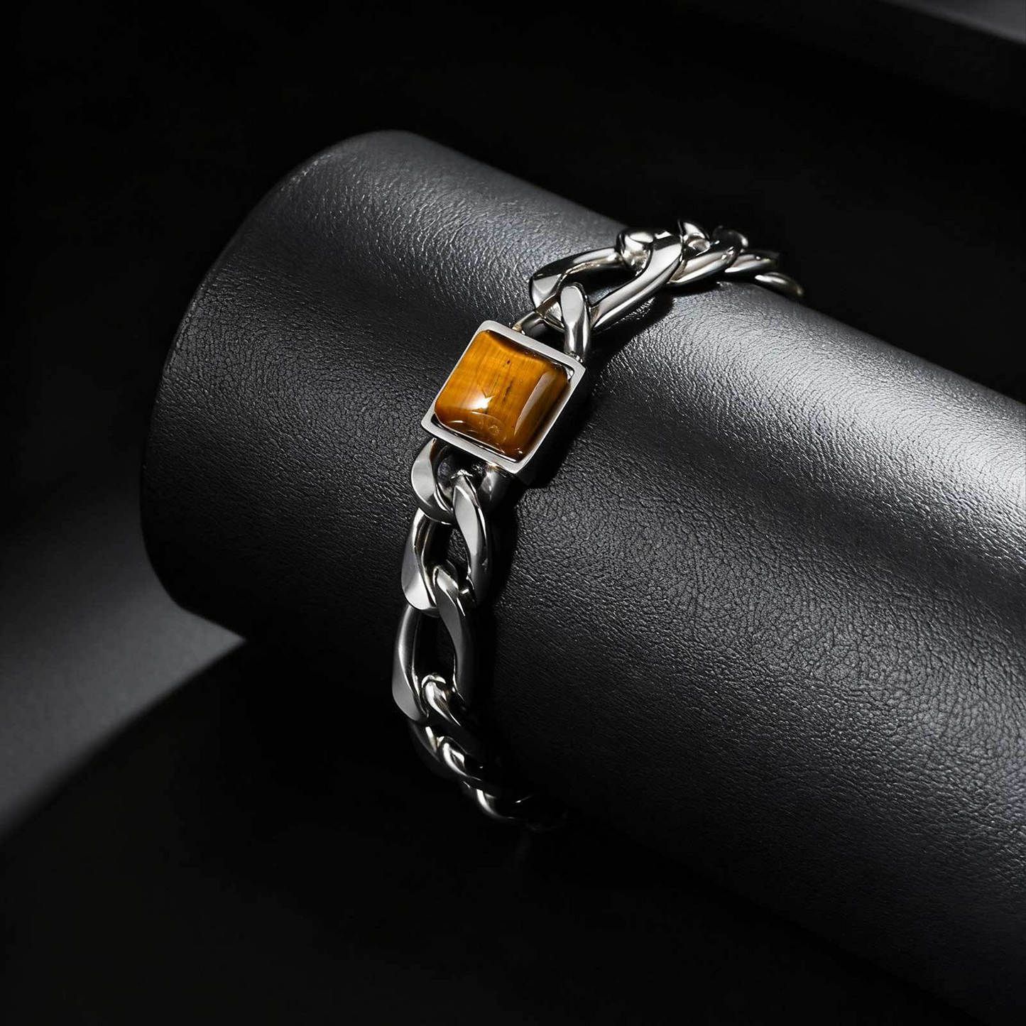Kemstone Stainless Steel NK Chain Bracelet with Tiger Eye – Bold Link Style for Men BR-2741