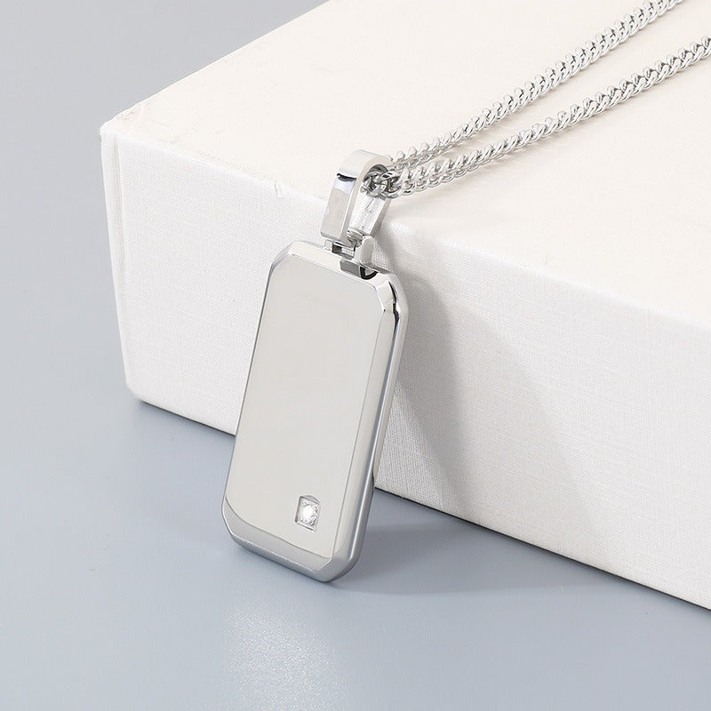 Kemstone Titanium Steel Tag Pendant Necklace for Men Minimalist Rectangular Cubic Zirconia KN301519-KFC