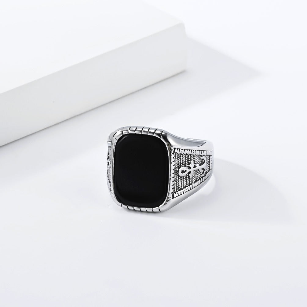 Kemstone Anchor Square Signet Ring for Men Stainless Steel Vintage Stone Detail K-R1212