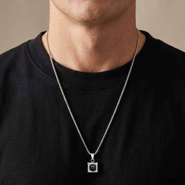 Kemston Stainless Steel Black Onyx Square Pendant Necklace for Men Minimal Stone Design PN-2421