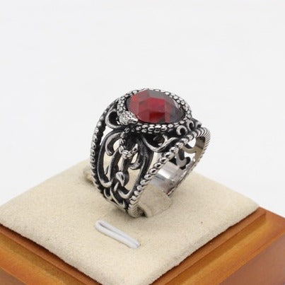 Kemstone Vintage Stone Inlay Signet Ring for Men Titanium Steel Hollow Filigree Design R1672