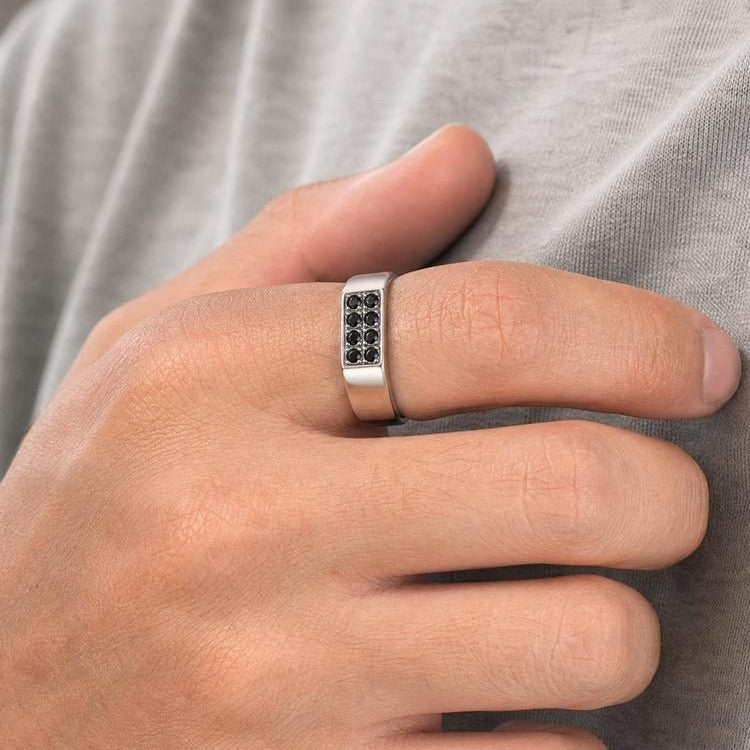 Kemston Stainless Steel Black Zirconia Ring for Men Geometric Square Design Minimal Style R-728S