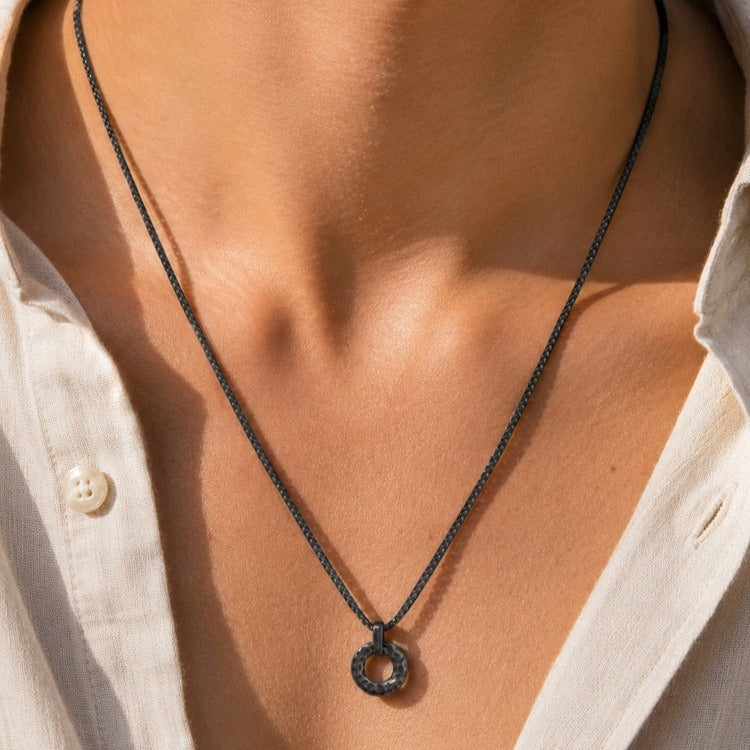 Kemstone Hammered Circle Pendant Necklace for Men Stainless Steel Vintage Gray NC-3011
