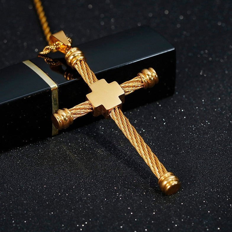 Kemstone Men’s Titanium Steel Cross Pendant Necklace – Rope Cross Design KP80529-K