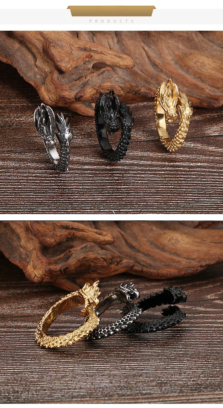 Kemstone Stainless Steel Bold Dragon Head Ring - Adjustable Open-End Ring for Men, Ethnic Retro Jewelry for Everyday Wear KR53285-K