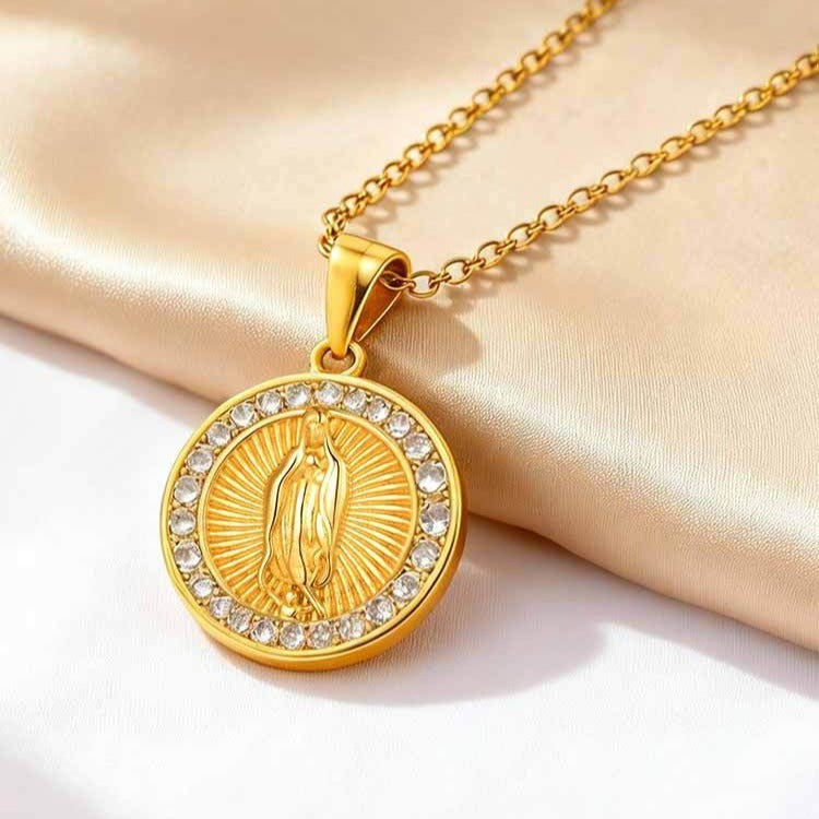 Kemstone Round Coin Pendant Necklace Gold Plated Stainless Steel Cubic Zirconia Medallion for Men Women PN-2339