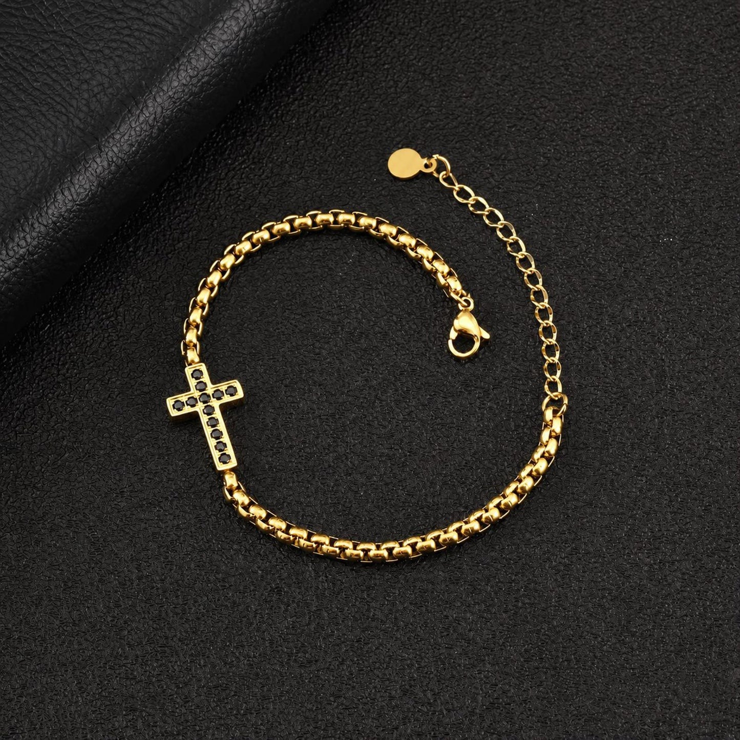 Kemstone Stainless Steel Cross Bracelet for Men Black Cubic Zirconia Box Chain BR-2766