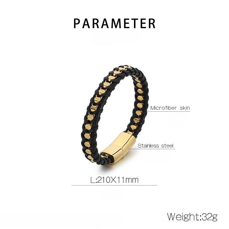 Kemstone Titanium Steel Braided Leather Strap Bracelet for Men Hip Hop Streetwear KB179967-YA