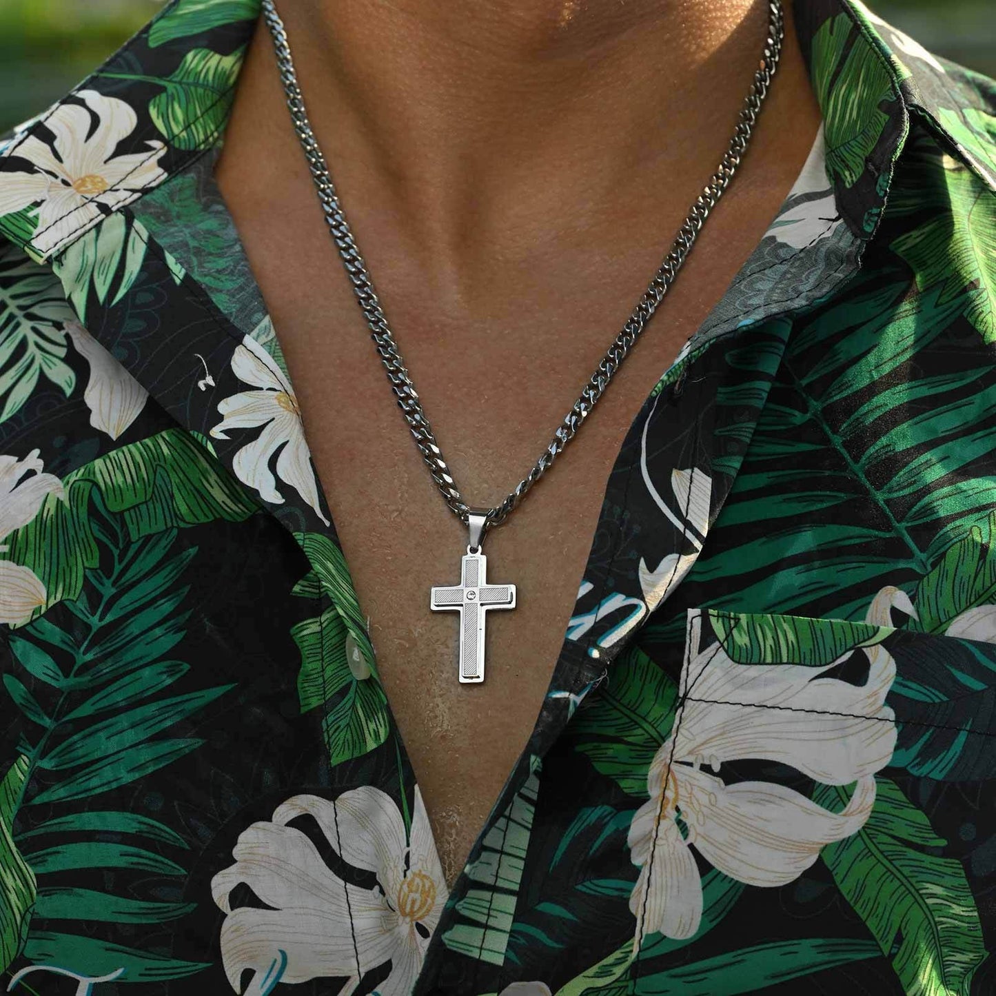 Kemstone Textured Cross Pendant Necklace for Men – Stainless Steel with Cubic Zirconia PN-2237