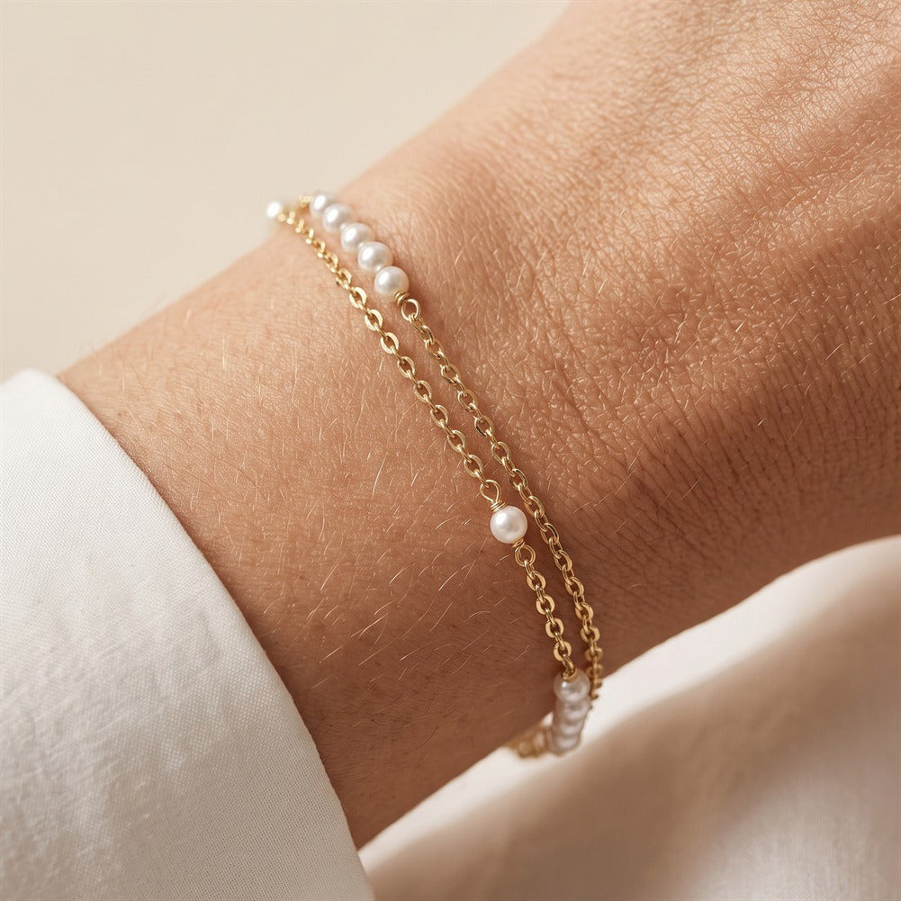 Kemstone Double Chain Shell Pearl Bracelet for Women 925 Sterling Silver PSB16