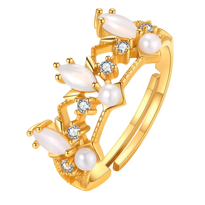 Adjustable Opal Crown Ring with Pearls & Zirconia – Gold-Plated 925 Sterling Silver | Kemstone Handcrafted Vintage Design