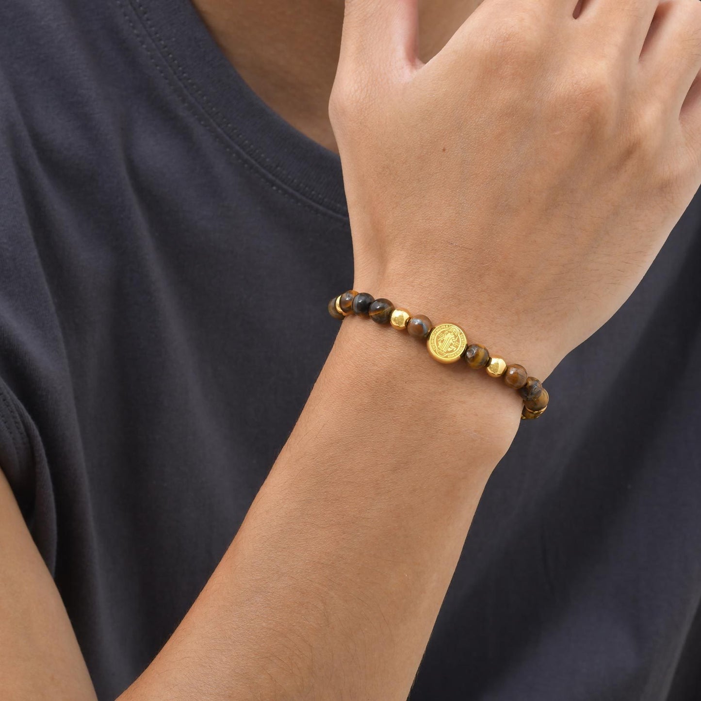 Kemstone Stainless Steel Engraved Coin Beaded Bracelet for Men – Natural Stone Adjustable BR-2354