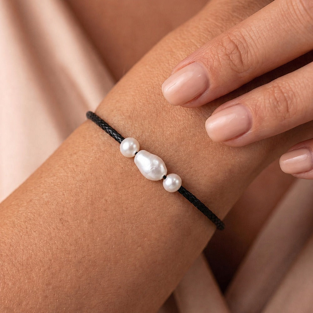 Kemston Three Pearl Baroque Freshwater Pearl Bracelet for Women Adjustable Black Cord GPB73