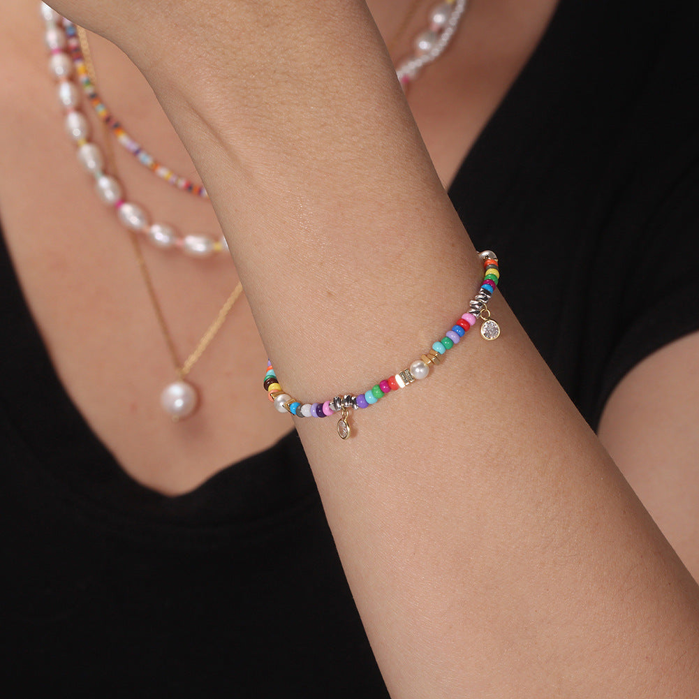 Kemstone Colorful Beaded Bracelet for Women 925 Sterling Silver Pearl Accent PSB08